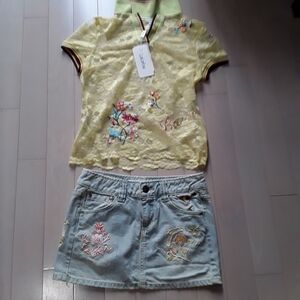 Yellow Floral Lace top + Sommeone Jeans mni skirt